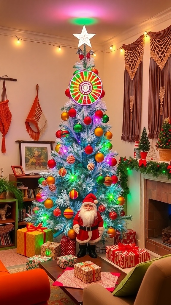 A retro 1970s Christmas living room with an aluminum tree, colorful ornaments, and vintage decorations.